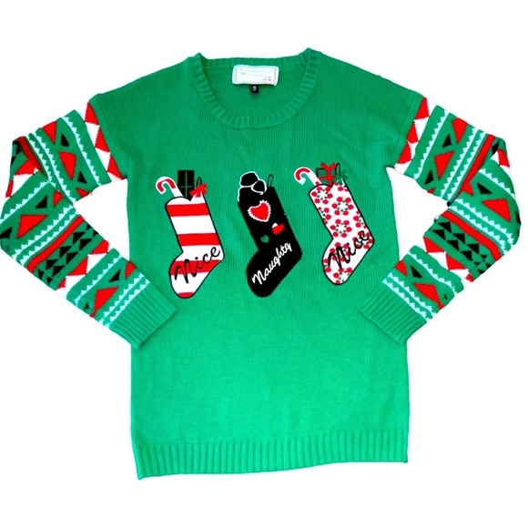 With Love, Derek Size M Naughty & Nice Appliquéd Sockings on Green Sweater - Picture 1 of 4